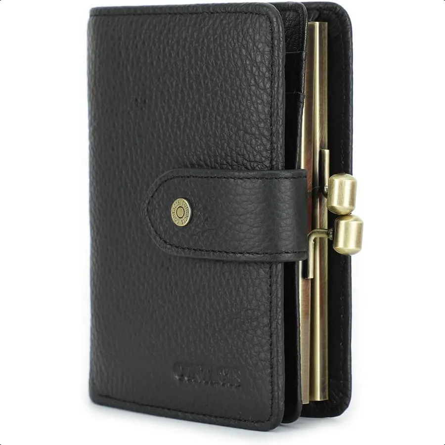 

Full Grain Leather Kiss for Women Coin Pocket Kiss Clasp Purse Small Card Holder Bifold Rfid Wallet Black