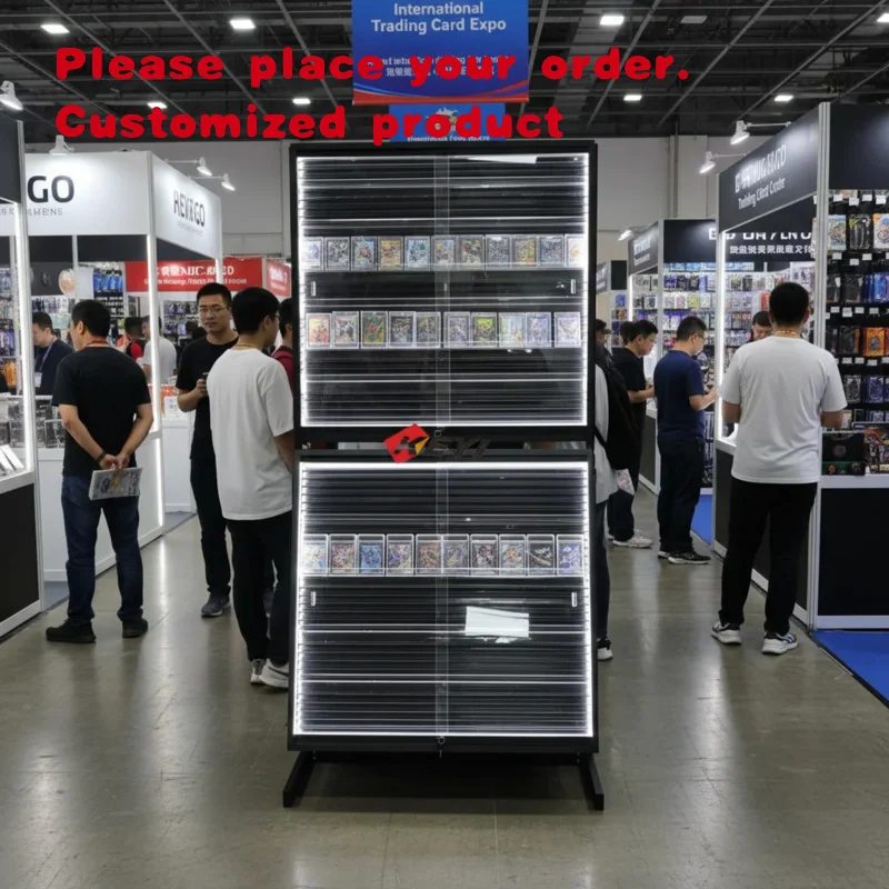 custom.Customized Modern Single & Double Side Trading Card Display Rack with Adjustable Shelves Rotating LED Lights Eco-friendly