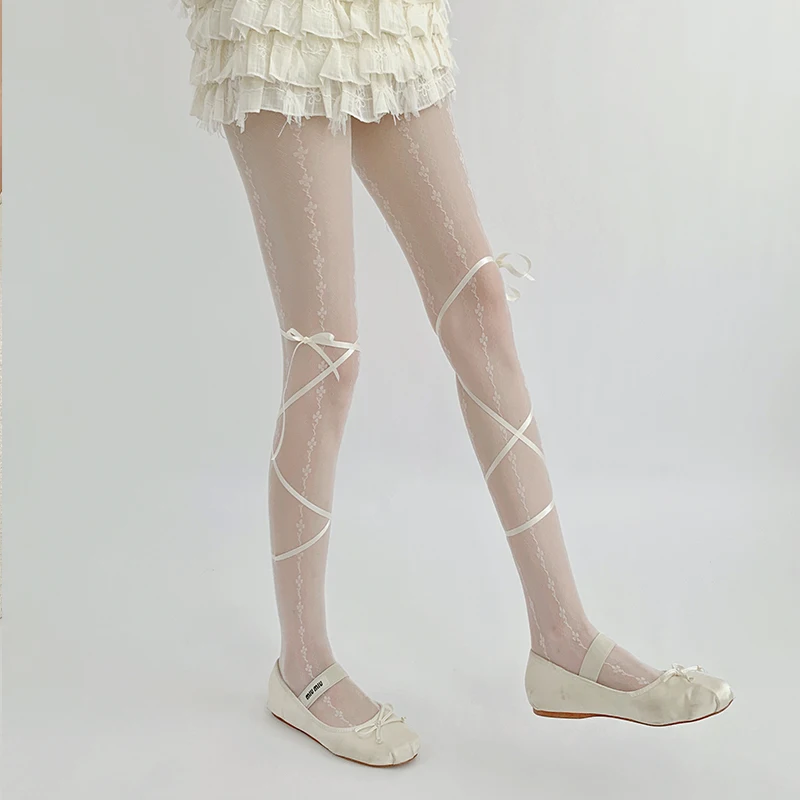 JK Lolita Tights Pantyhose Women Japanese Style Bandage Bowknot Thigh High Stockings Women Tights Sweet Girls Kawaii Cute Tights