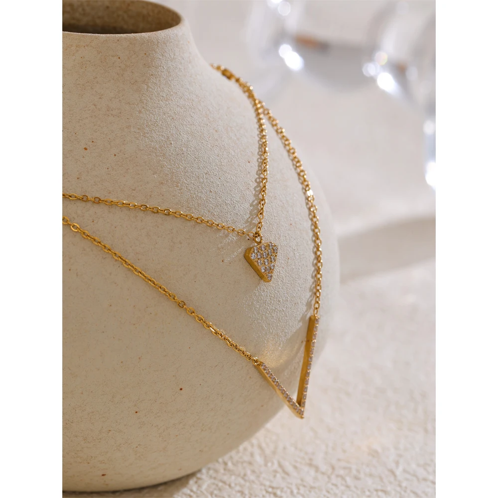 Yhpup Korean Style Shiny Cubic Zirconia Heart V-Shape Double-Layer Chain Necklace Pendant Stainless Steel Delicate Jewelry