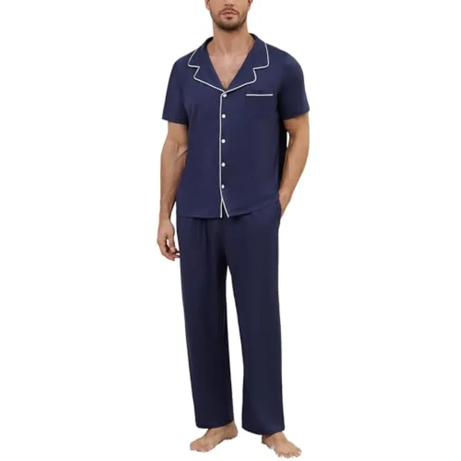 Marvmys Men's Short Sleeve Pajama Set Classic Button Down Pajamas Long Pants Sleepwear with Pockets S-XXL