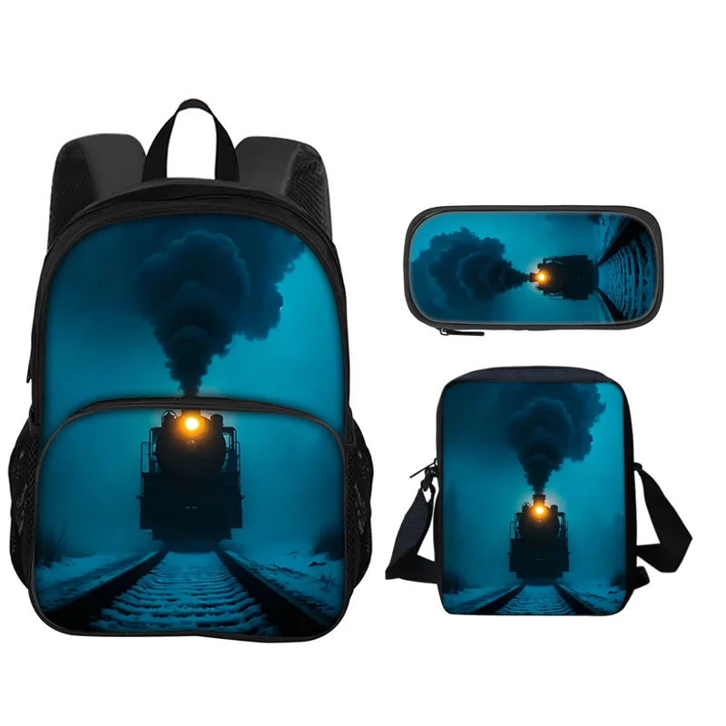 Train Round Front Bag Backpack Pen Bag Shoulder Bag 3Pcs Set Large Capacity Lightweight Printed Best Companion for Boy and Girls