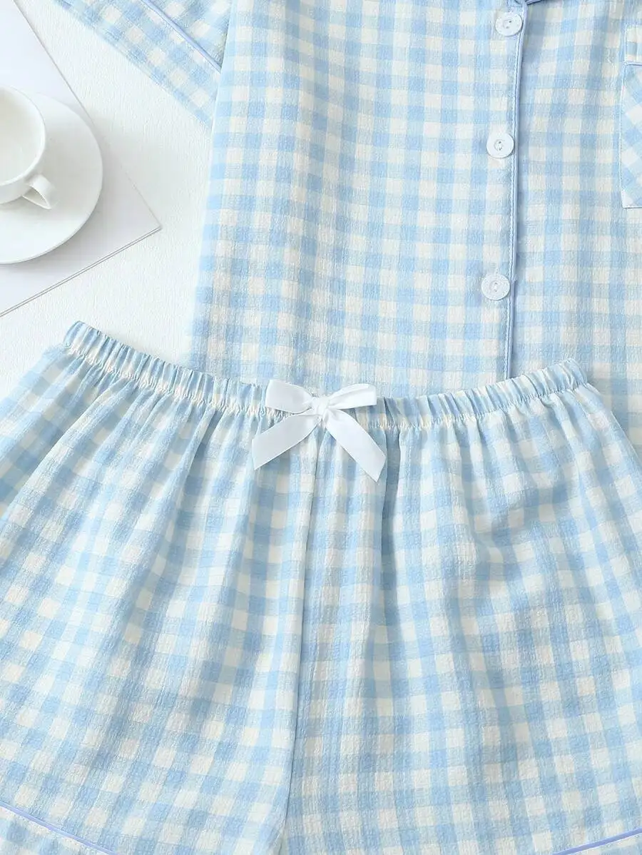 

Womens Gingham Print Pajama Set Short Sleeve Button Top And Shorts Summer Sleepwear Light Blue