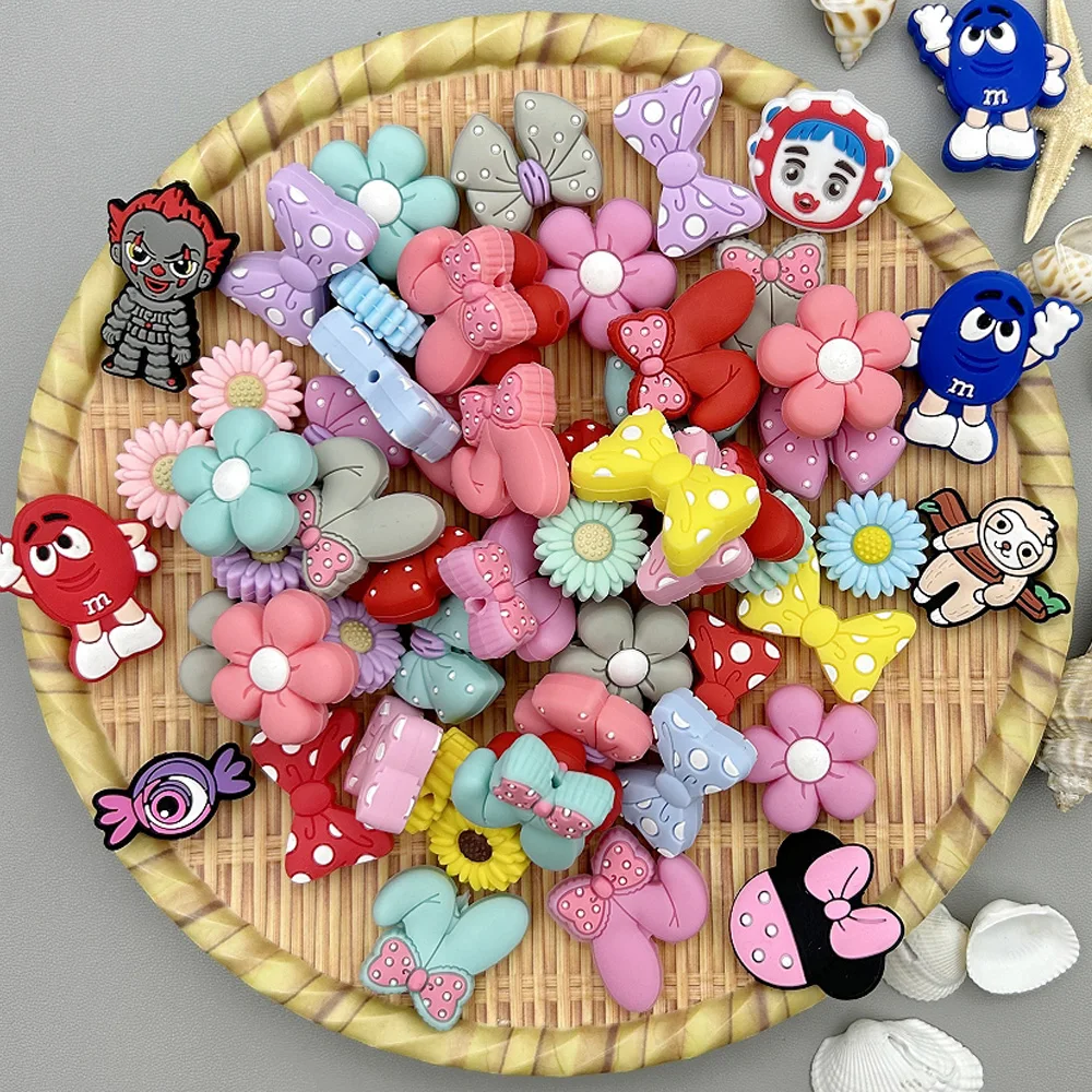 10PC/lot Mixed Bow Flower Silicone Beads Baby DIY Pacifier Chain Necklace Ballpoint Pen Accessories BPA Free Kawaii Toys Gifts