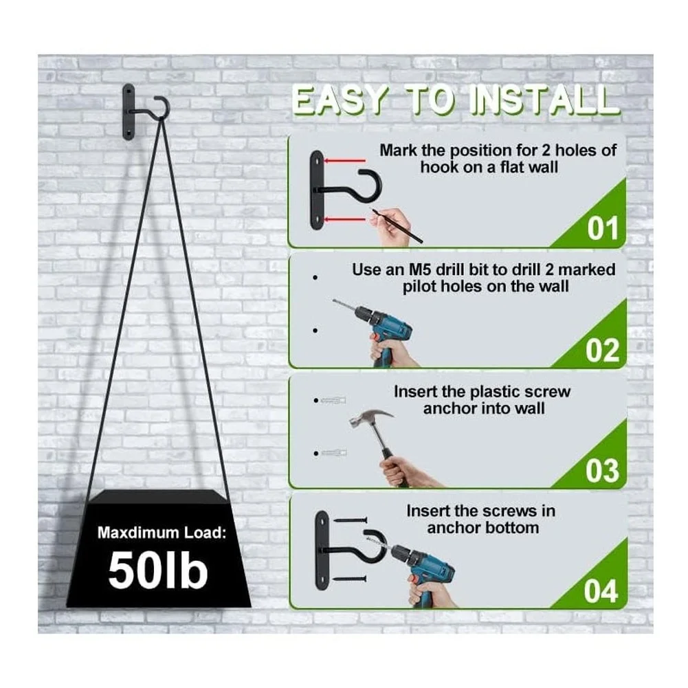 4 Count Iron Wall Hooks with Mounting Components for Hanging Planters Lamps Wind Chimes and Indoor Outdoor Decor