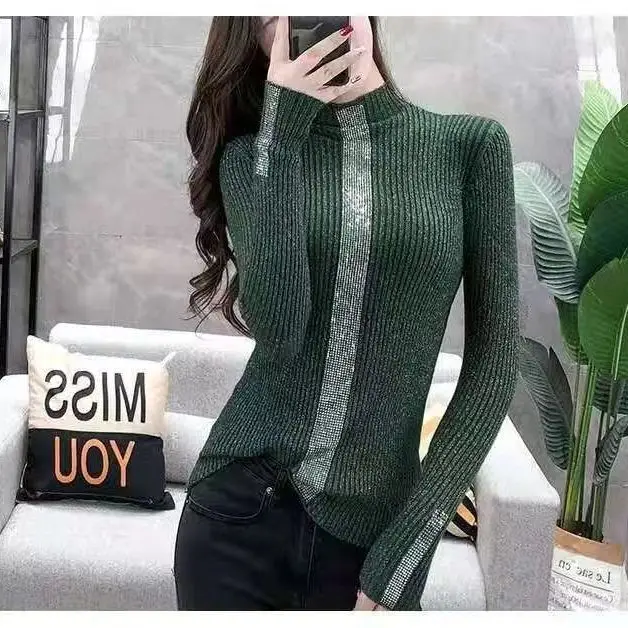 Temperament Autumn/Winter Sweaters New Women\'s Solid Turtleneck Diamonds Fashion Casual Long Sleeve Bottoming Shirt Knitted Tops