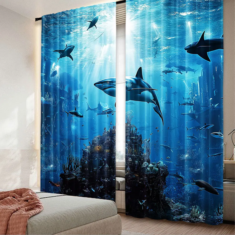 2Pcs Underwater World Curtains Reef Shark Sea Animal Curtains Suitable For Living Room College Dorm Apartment