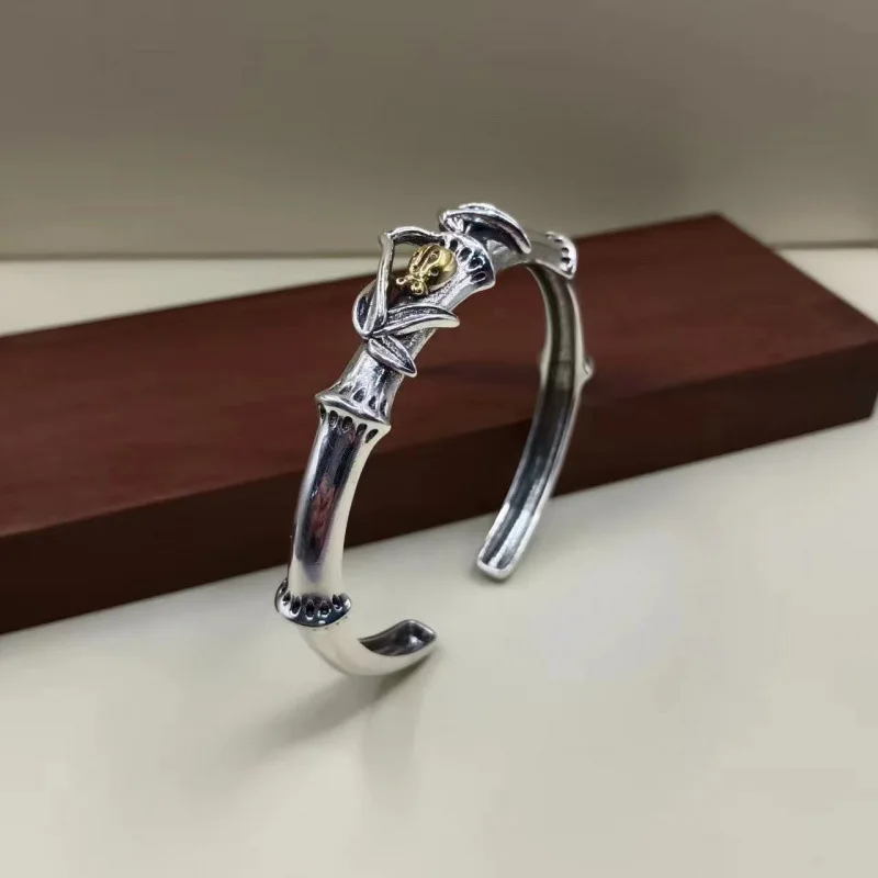 Thai Silver-Style Bracelet With Message 'Contentment Brings Happiness And Peace', Design, Men'S Vintage Open