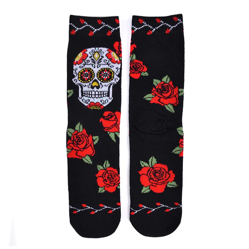 Fashion Harajuku Skull Rose Crew Socks Unisex Women Men Couple Black Cotton Retro Boho Hip Pop Street Socks Gift Bulk Wholesale