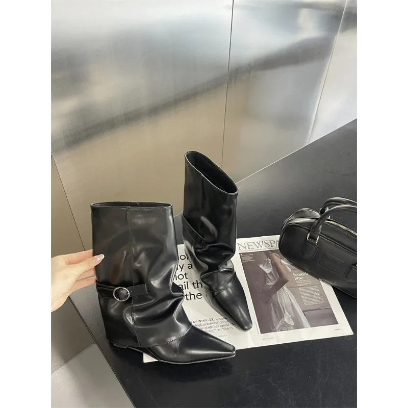 

2026 Vintage Soft Leather Pointed Toe Women Ankle Boots Autumn Winter Wedges Heel Shoes Concise Ladies Modern Booties
