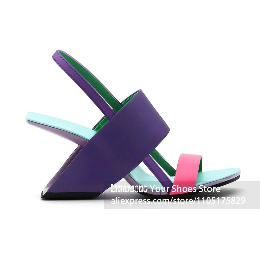 Color Block Sculptural Heel Slingback Sandals Novelty Design Style Geometric Wedge Slingback Summer Shoes Contrast Color Sandals