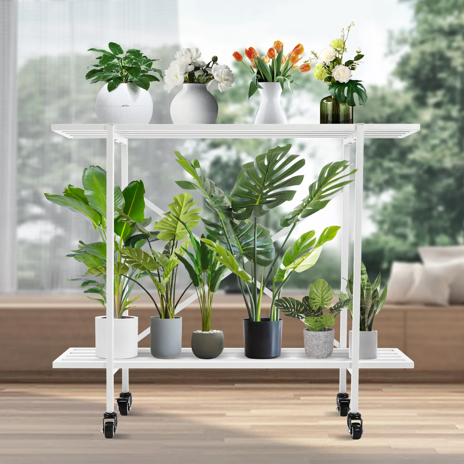 

Rolling Plant Stand Metal Plant Shelf with Wheels Indoor Outdoor Flower Shop