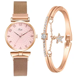 2PCS Set Women Watch Set Trendy Pink Design Mesh Belt Alloy Wristwatch Fashionable Timepiece Quartz Watch Lady