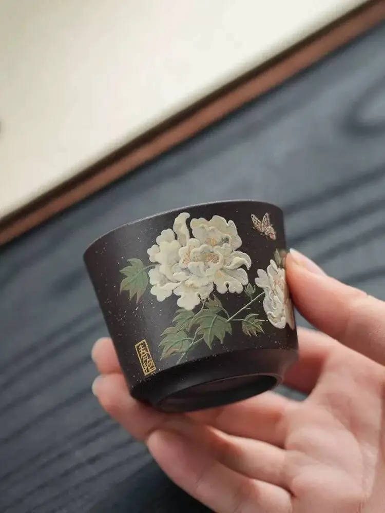 Yihu Chun High-End Clay Tea Cup, Master's Hand-Painted Original Mineral Purple Gold Sand, Flower Blooms Wealth 100C