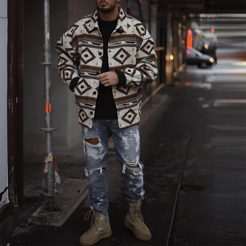 Men Autumn Winter New Fashion Zipper Cardigan Tops Men's Stand Collar Shirt 2022 Streetwear Vintage Pattern Printed Thick Shirts