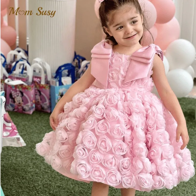 

Платье принцессы с 3D цветком для маленьких девочек, платье с бантом на плечах для малышей, подростков, детское платье без рукавов, одежда для дня рождения, свадьбы, От 1 до 12 лет