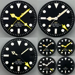 New 29mm Frosted Watch Dial Black Dial Yellow GMT Text  Fit NH34 Movement C3 Green Luminous