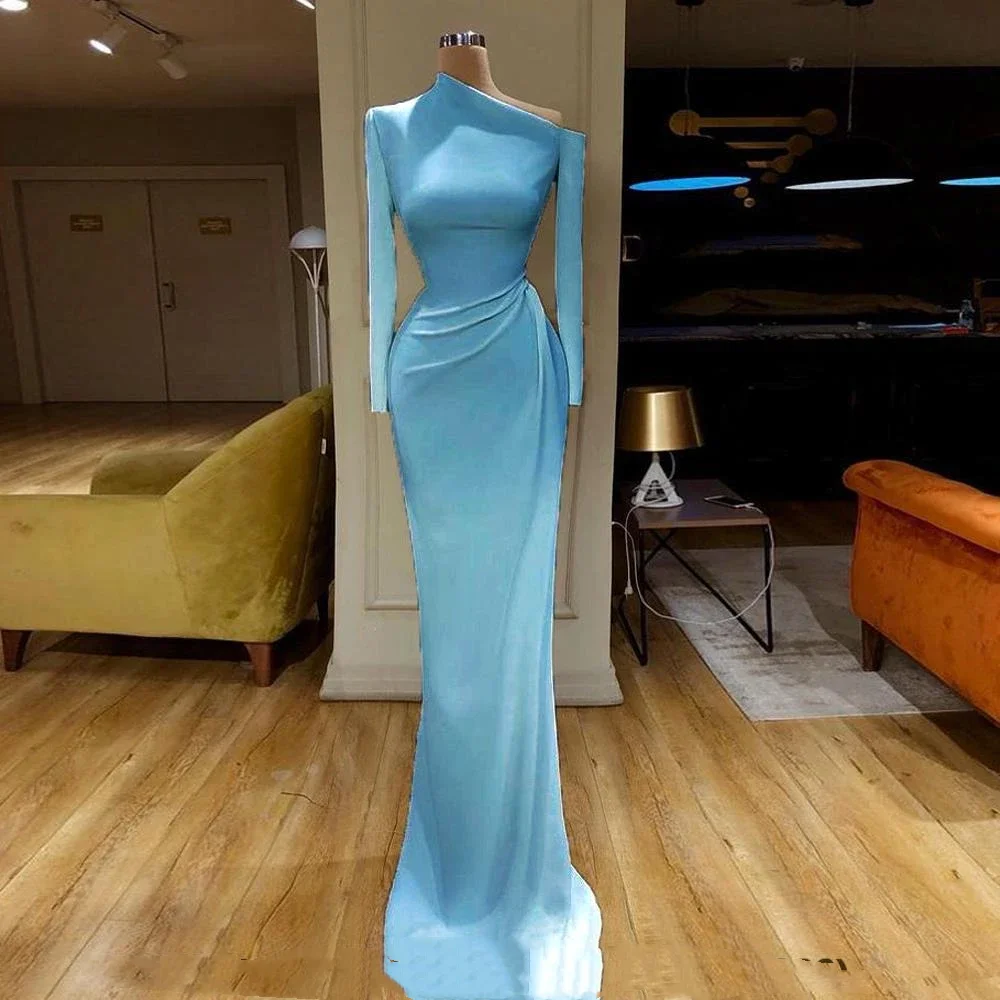 

New Blue Prom Dress Custom Made Long Sleeves فساتين السهرة Neck Sweep Train Formal Party Dresses Mermaid Evening Gowns 2023