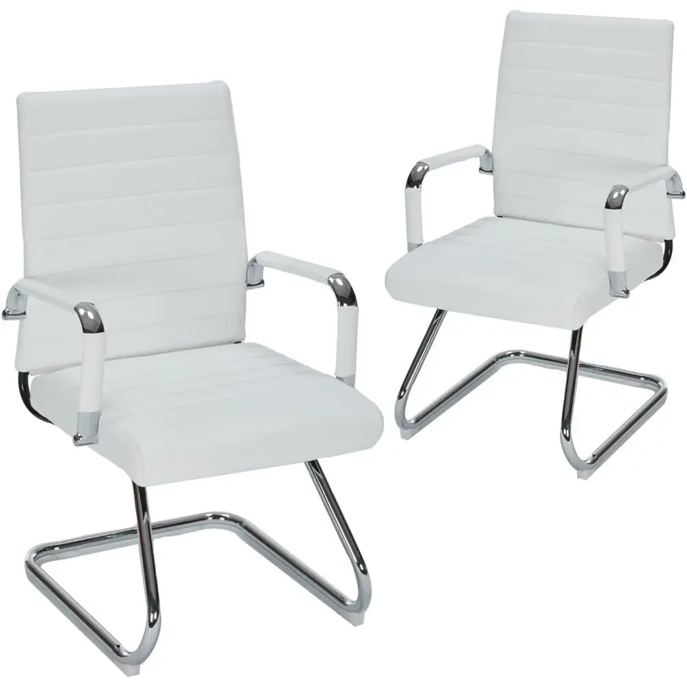 Sillas para invitados sin ruedas, juego de 2, sillas de recepción modernas de cuero con respaldo medio y base de trineo para sala de conferencias, sala de espera, Wh