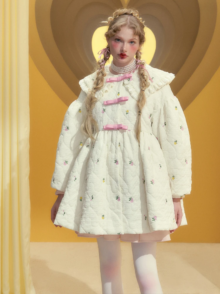 

Набратор, оригинальный дизайн, зимняя хлопковая тюре с вышитыми цветами, свободная верхняя одежда средней длины из смеси хлопка