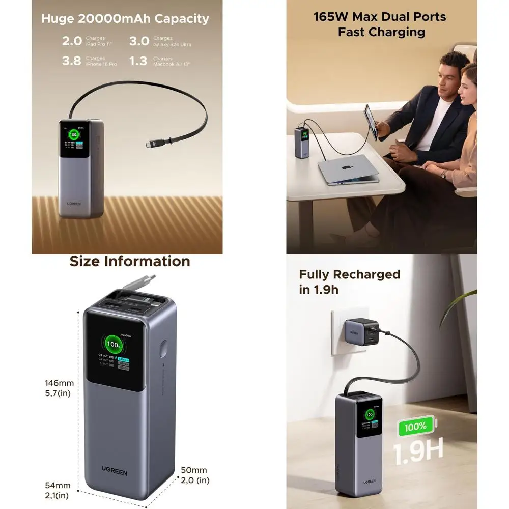 

20000mAh 165W Power Bank with Built-in USB-C Cable for Laptops and Devices, Fast Charging for MacBooks, iPhones, iPads, and More
