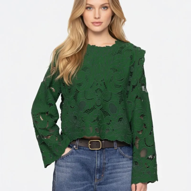 

2026 Women's Crochet Lace Blouse Long Bell Sleeve Round Neck Flounce Trim Hollow-Out Floral Pattern Elegant Chic Casual Top