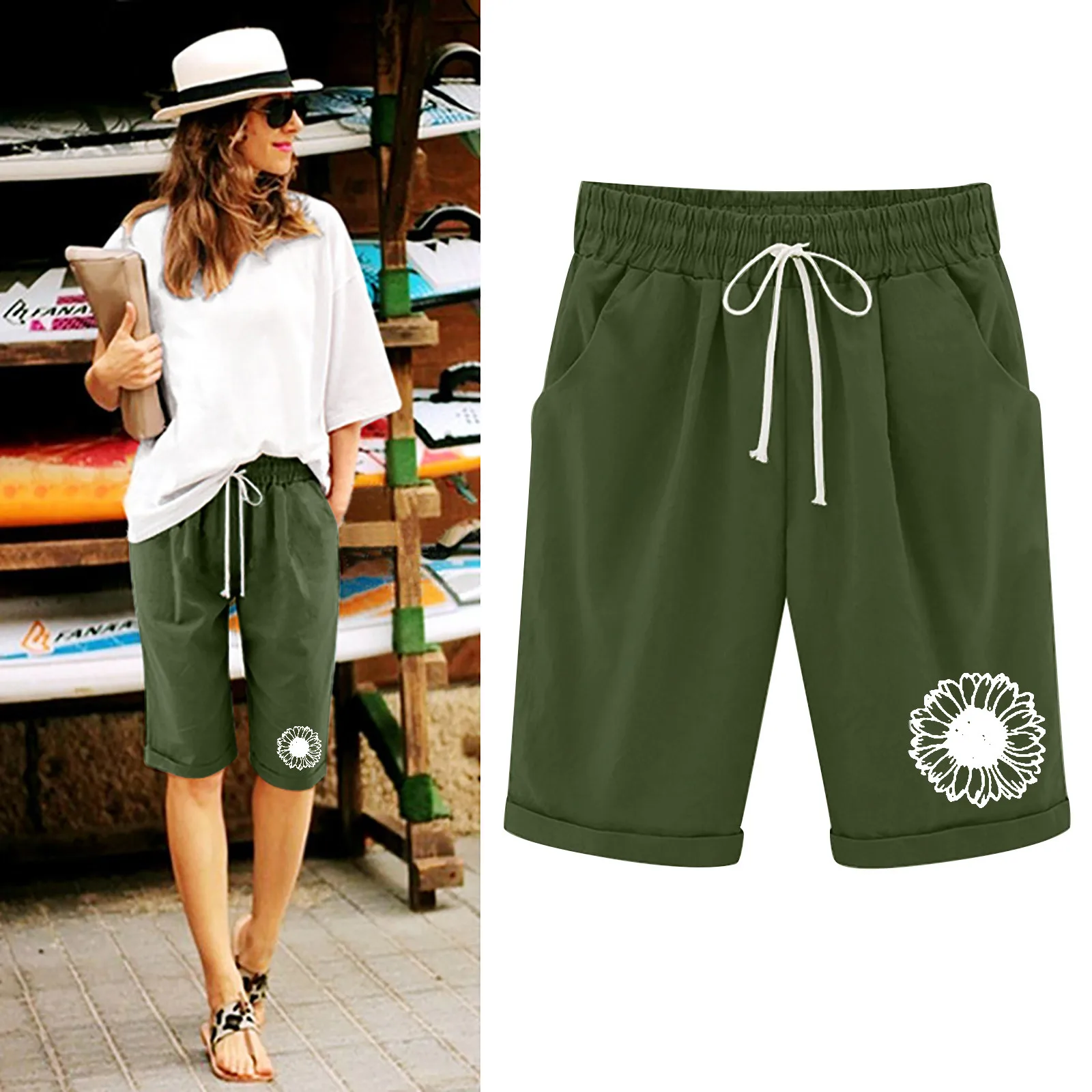 Summer Women's Printed High Waisted Shorts Plus Size Loose Casual Shorts Drawstring Elastic Waist Five Point Pants With Pockets