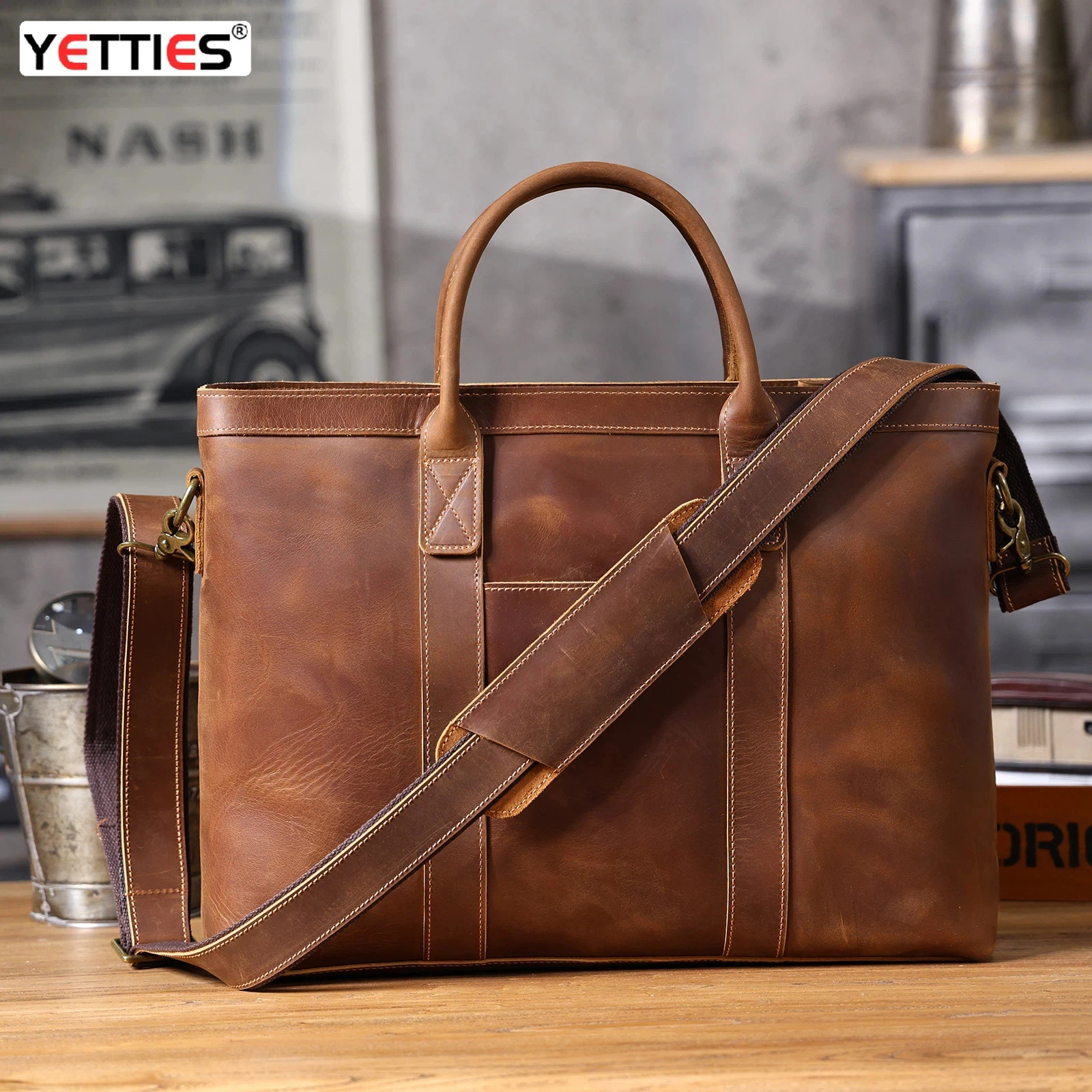 

New Men's Crazy Horse Leather Briefcase | Business Handheld Shoulder Bag for Laptop | Vintage Top Grain Cowhide Office Satchel