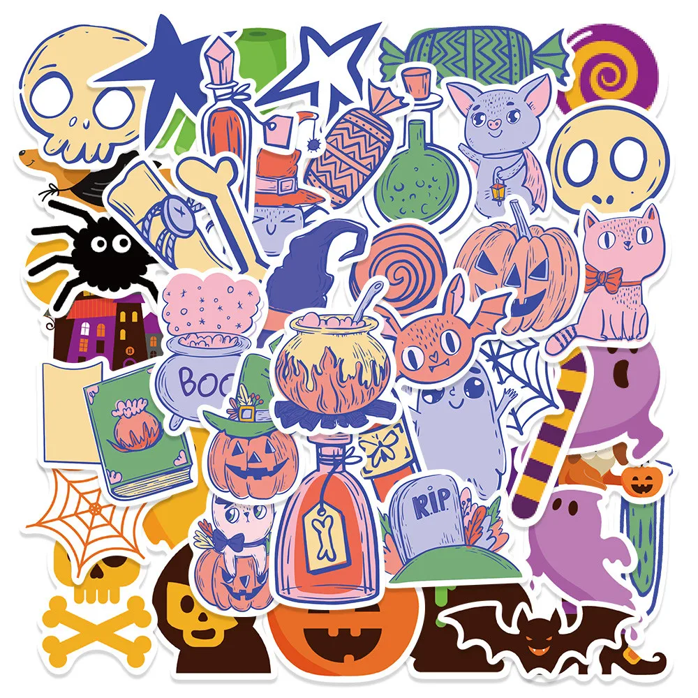 45Pcs Spooky Halloween Waterproof Decals, Pumpkin Witch Ghost Stickers for Skateboard, Water Tumbler, Laptop & Luggage