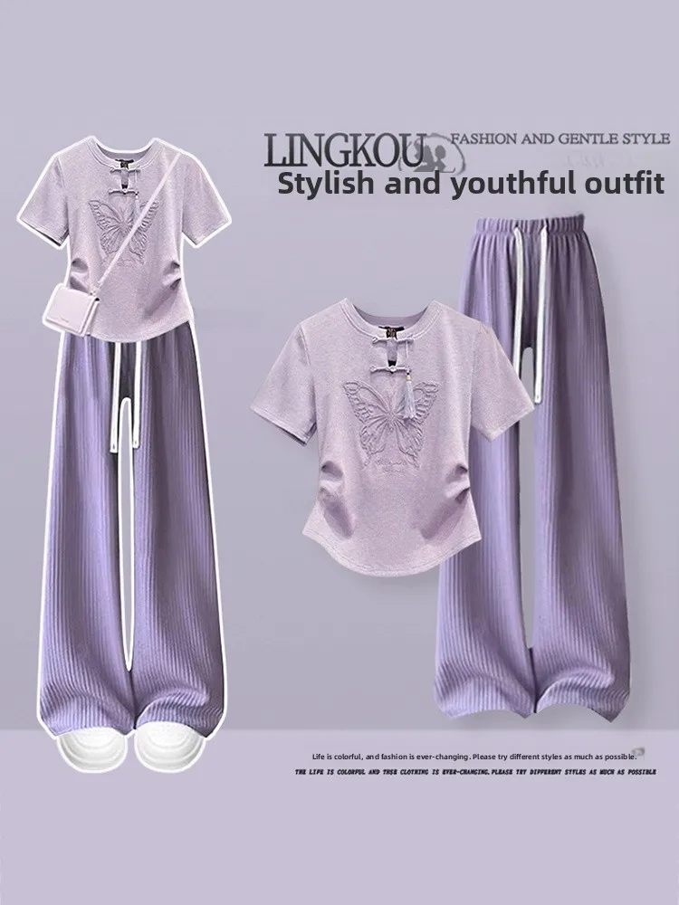 

Summer Casual Print Women's Set Soft Shoulder T-shirt with Sporty Slim Wide Leg Pants Two-Piece Fashion Ensemble