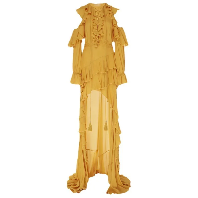 HKSH Summer New Women Elegant High Street Stylish Off Shoulder Long Sleeved Irregular Ruffles Waist Cinching Gown Dresses HK7103