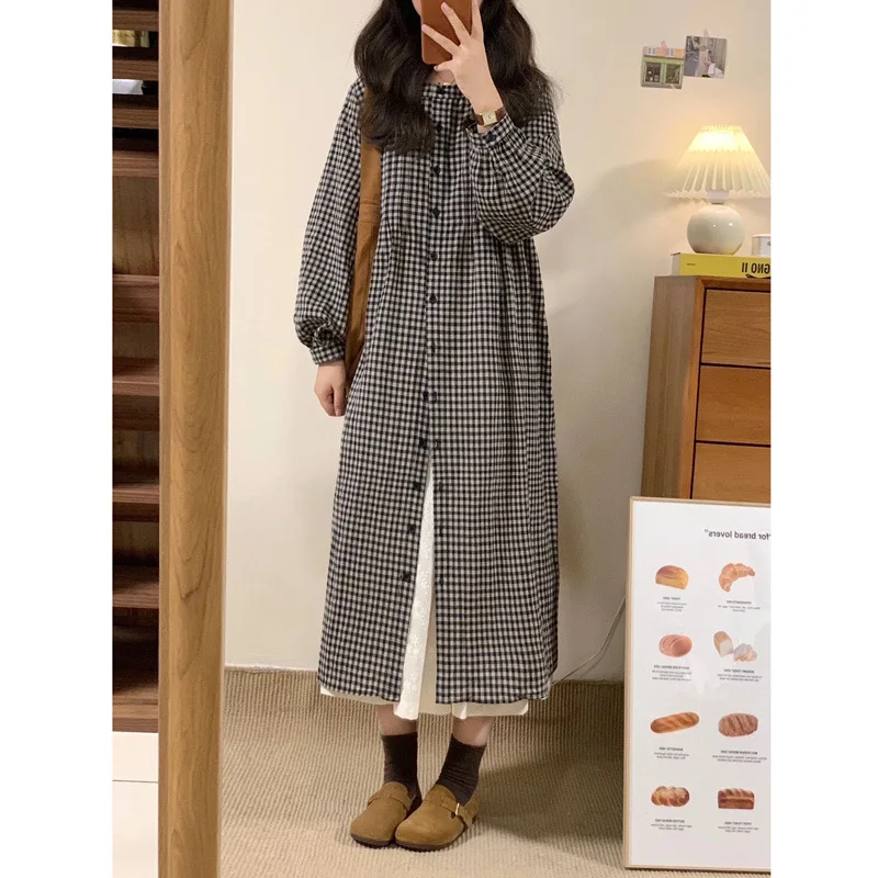 Japanese Plaid Long Sleeve Shirt Dress Women's Autumn Layering Lazy Style Small Size Student Elegance Dress Two-Piece Set