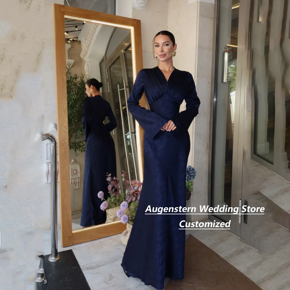 Customized Navy Satin V Neck Elegant Mother Of The Bride Dresses Flare Full Sleeve Mermaid Long Formal Evening Dress
