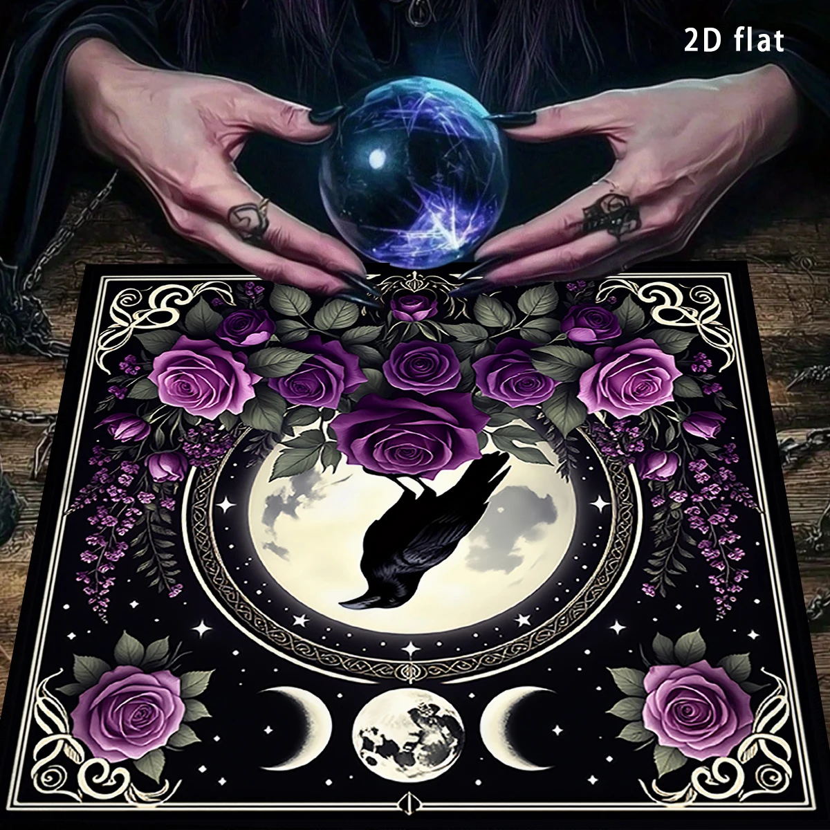 Vintage Black Raven Moon Phase Tarot Table Cloth Dark Floral Astrology Divination Altar Cloth Board Game Card Pad Wall Rug