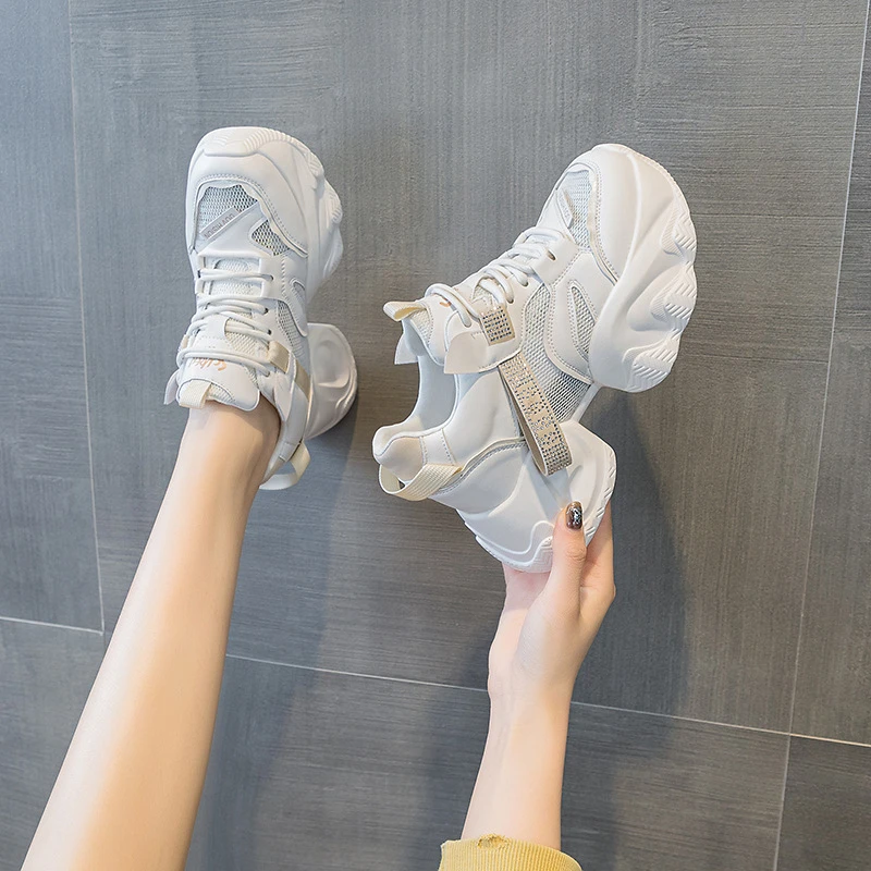 

Womens Light Pink Silver Accent Platform Chunky Sneakers Breathable Mesh Upper Soft Cushioned Sole Casual Shoes For Daily Wear