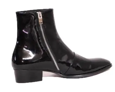 British Style Men Shiny Patent Leather Zipper Side Pointed Toe Short Chelsea Boots Male Med Heels Height Increasing Ankle Boots - Image 2
