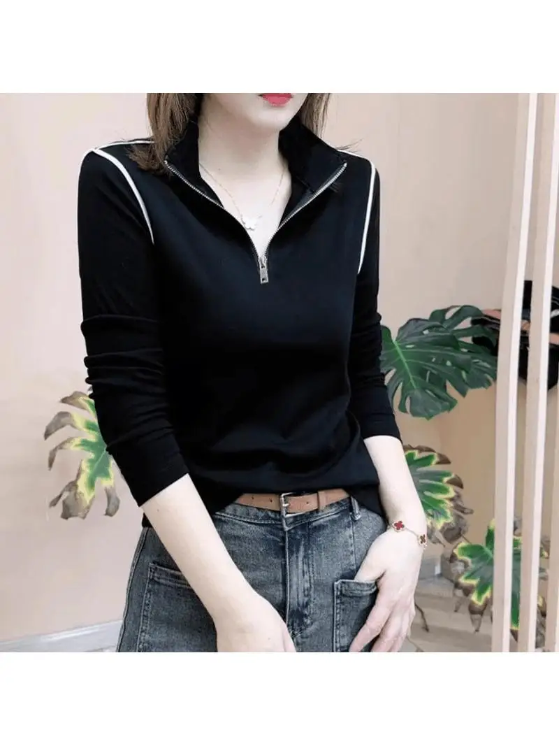 Korean Style Spring Autumn Popular Splice Collar Slim Fit Half Zip Long Sleeve Base Top Can Be Worn outside Fashionable Inner...