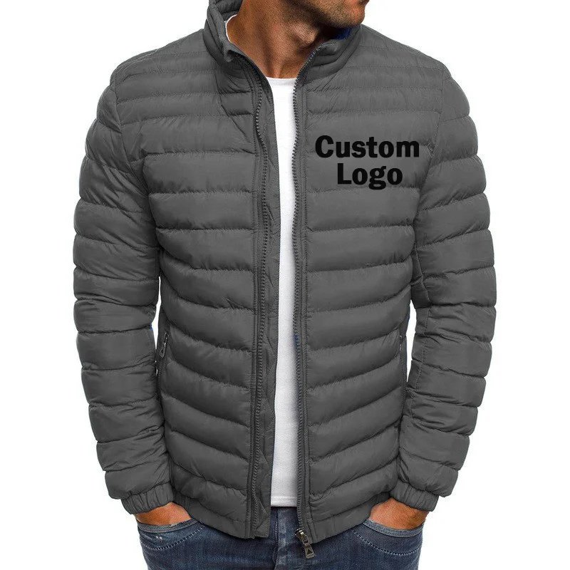 Custom Your Logo Men's Puffy Jacket Zipper Long Sleeve Coat Autumn Winter Outerwear Stand Collar Mens Casual Outwear