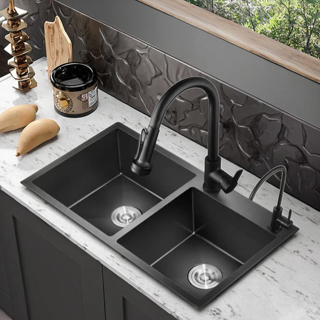 Handmade Stainless Steel Nano Sink Black Double Bowl with Durable SUS304 Resistant Fading Square Shape Kitchen Sink Made