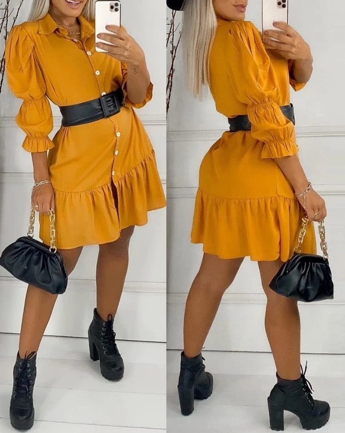 

Bubble Sleeves Ruffled Edges Ribbed Shirt Short Skirt Yellow Button Up Waist Belt, Slim Fit, Waistband Fashionable Casual Dress