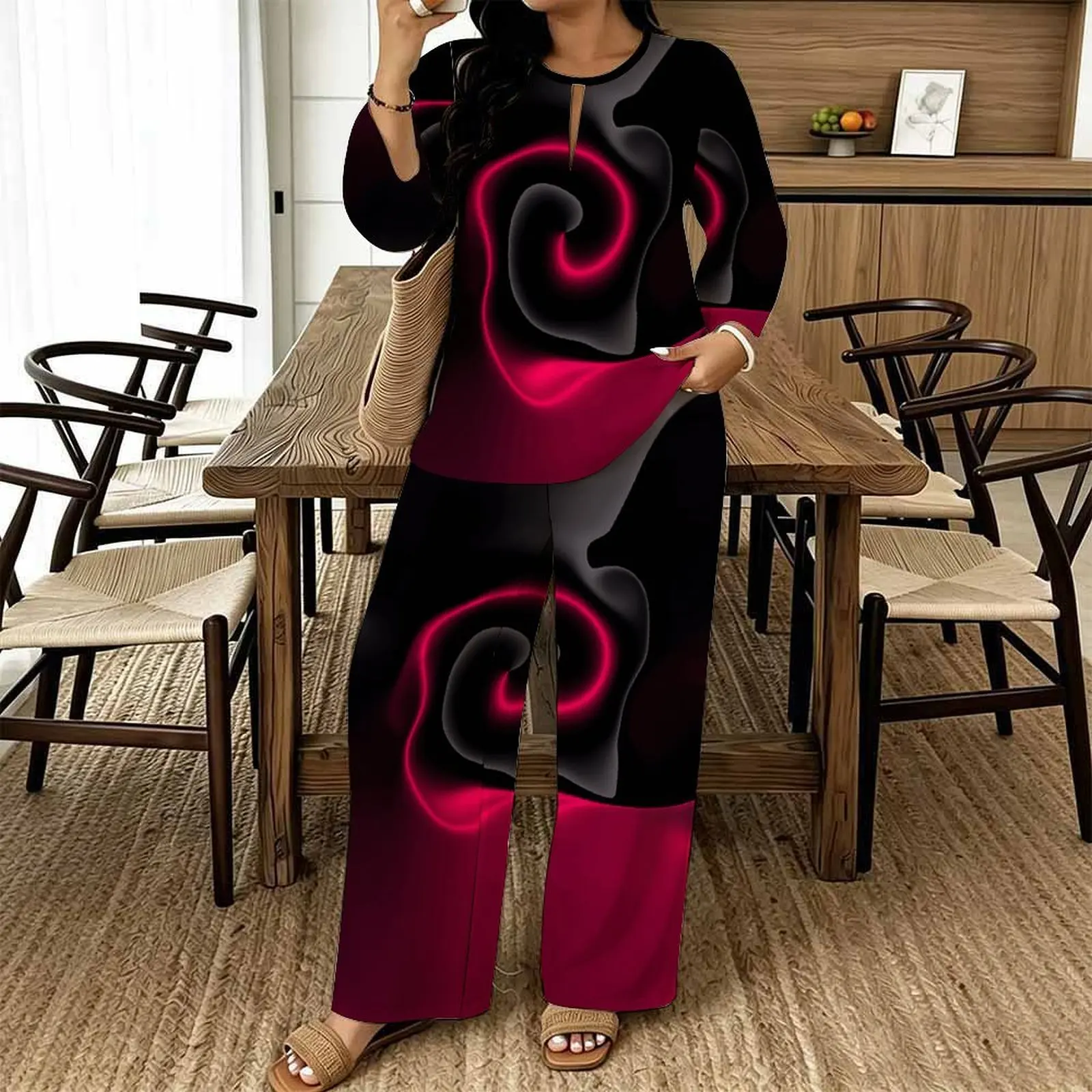 Women Spring/summer Print Two Piece Set Street Vacation Long Sleeves Fashion Retro Tops Everyday  Casual Long Pants
