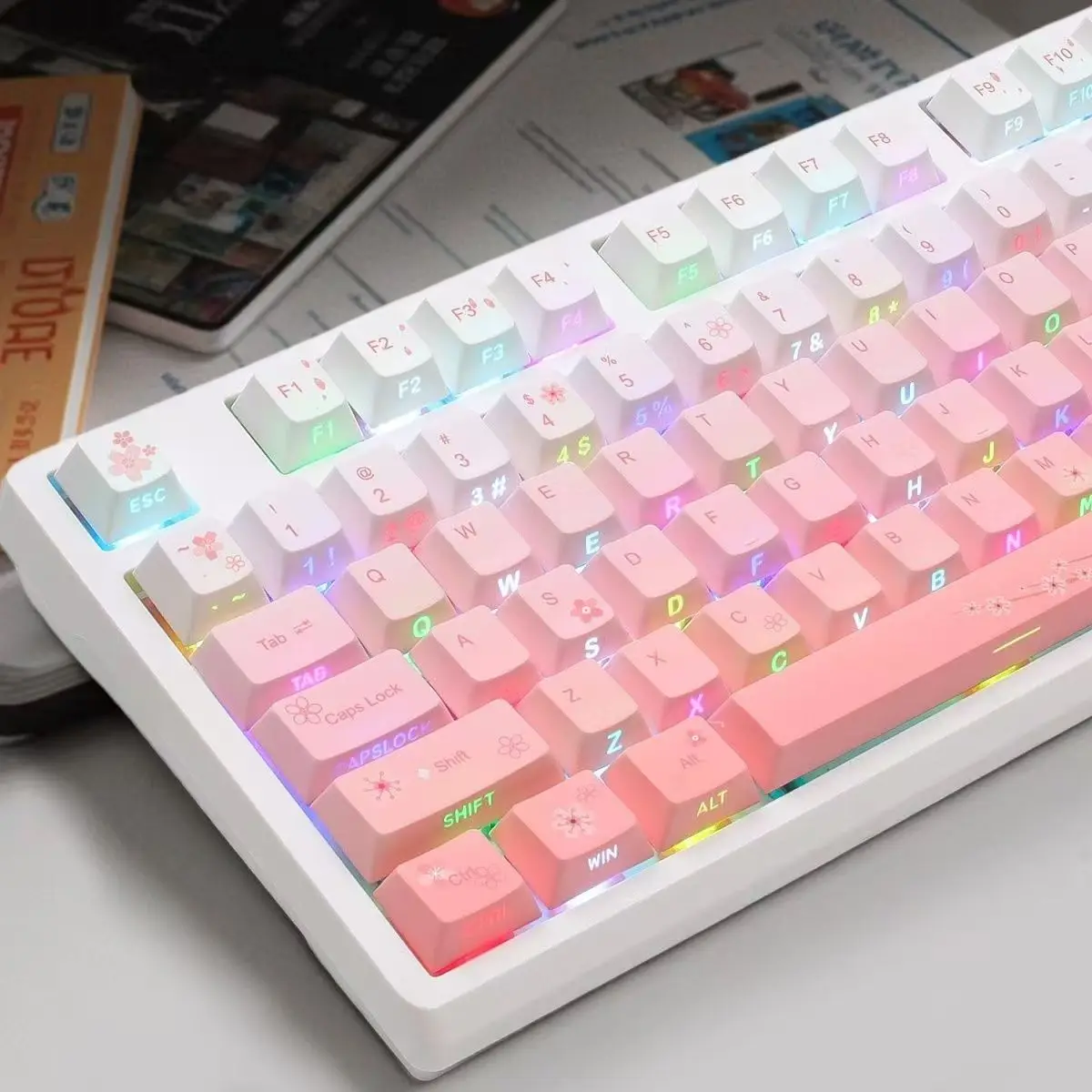 

130-клавишные колпачки для клавиш из ПБТ с цветочным принтом и RGB-подсветкой, вишневый профиль, сублимационные колпачки для клавиш MX Switches, клавиатура