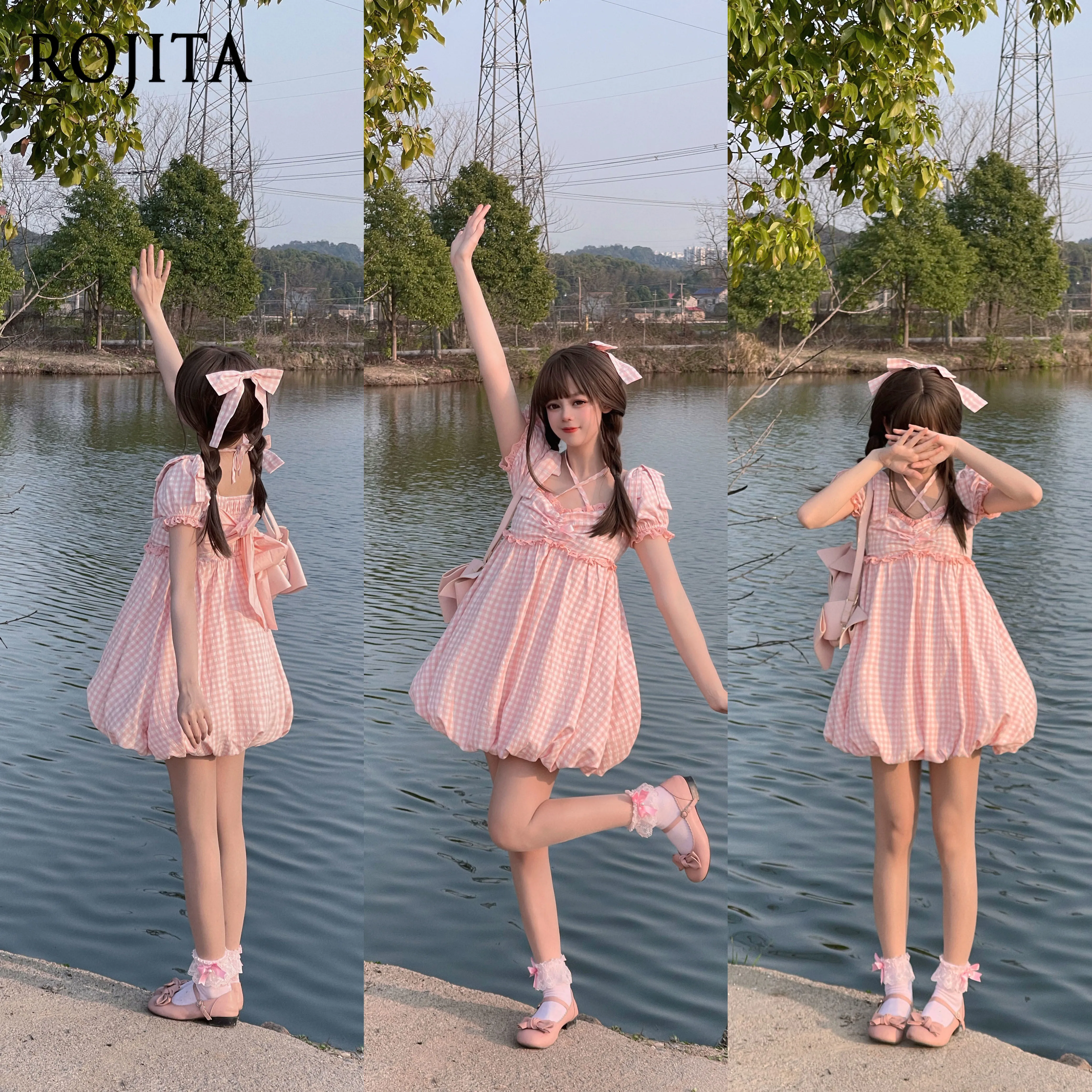 Sweet Lolita Cross Strap Square Neck Lantern Mini Dress Plaid Ruffle Puff Sleeve Back Bow Loose Flare Dress