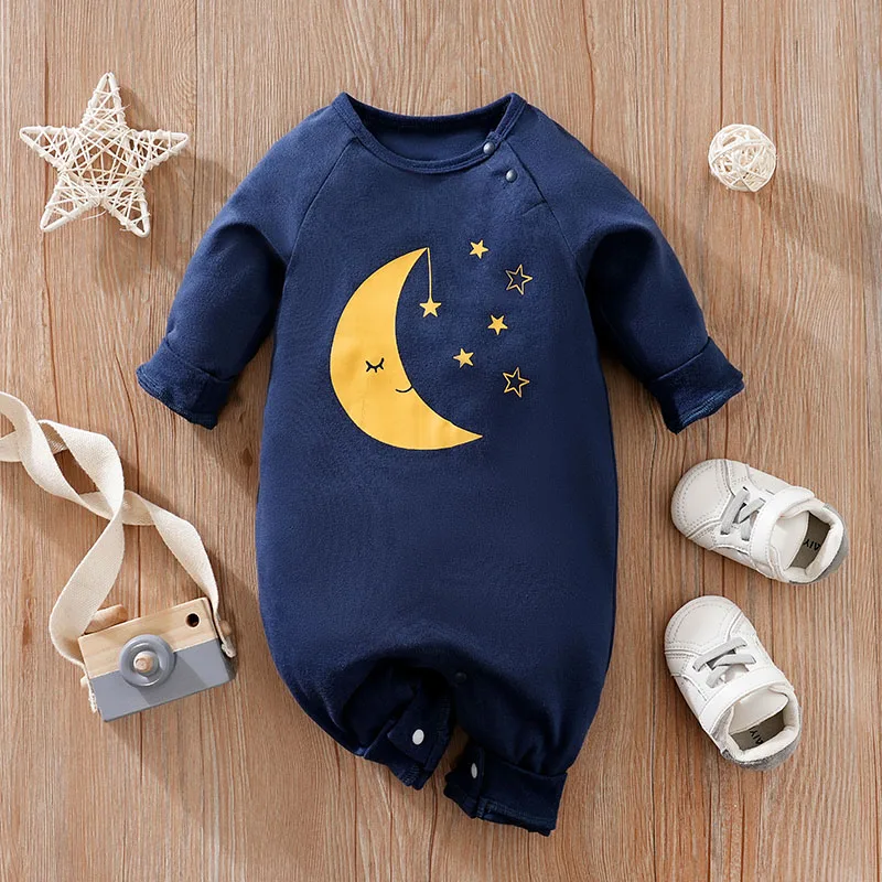 Spring and Autumn Boys' Cute Solid Moon Print Cotton Comfortable Casual Long Sleeve Baby Bodysuit