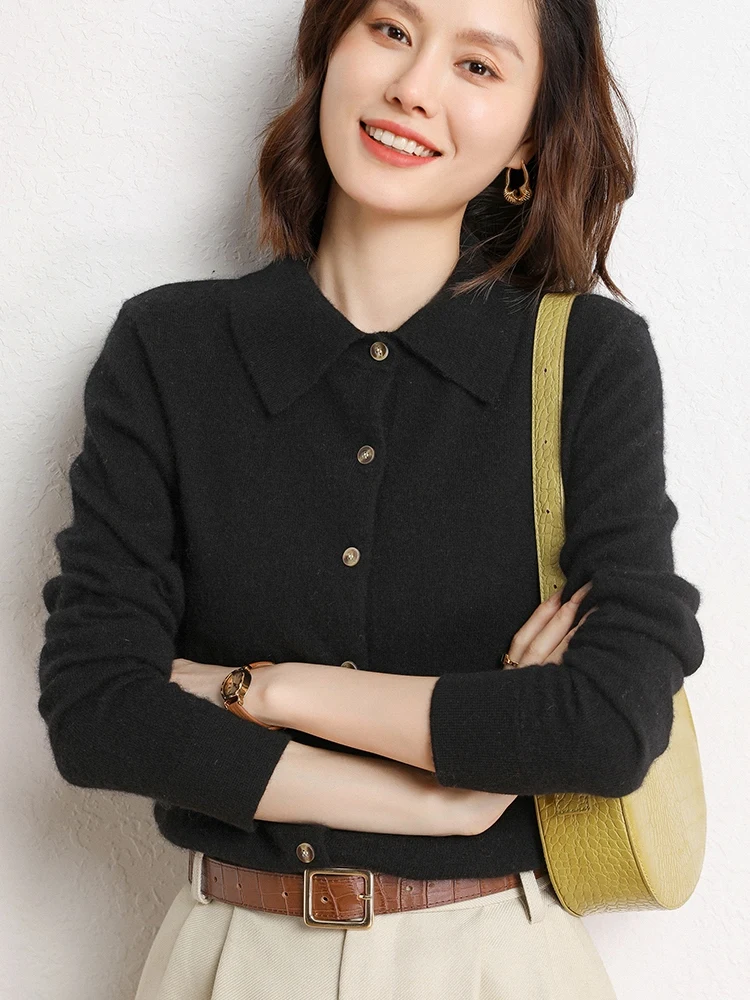 High-end Women POLO Neck Cashmere Cardigan Spring Autumn 100% Cashmere Knitwear Soft Comfort Long Sleeve Female Sweater Shirt