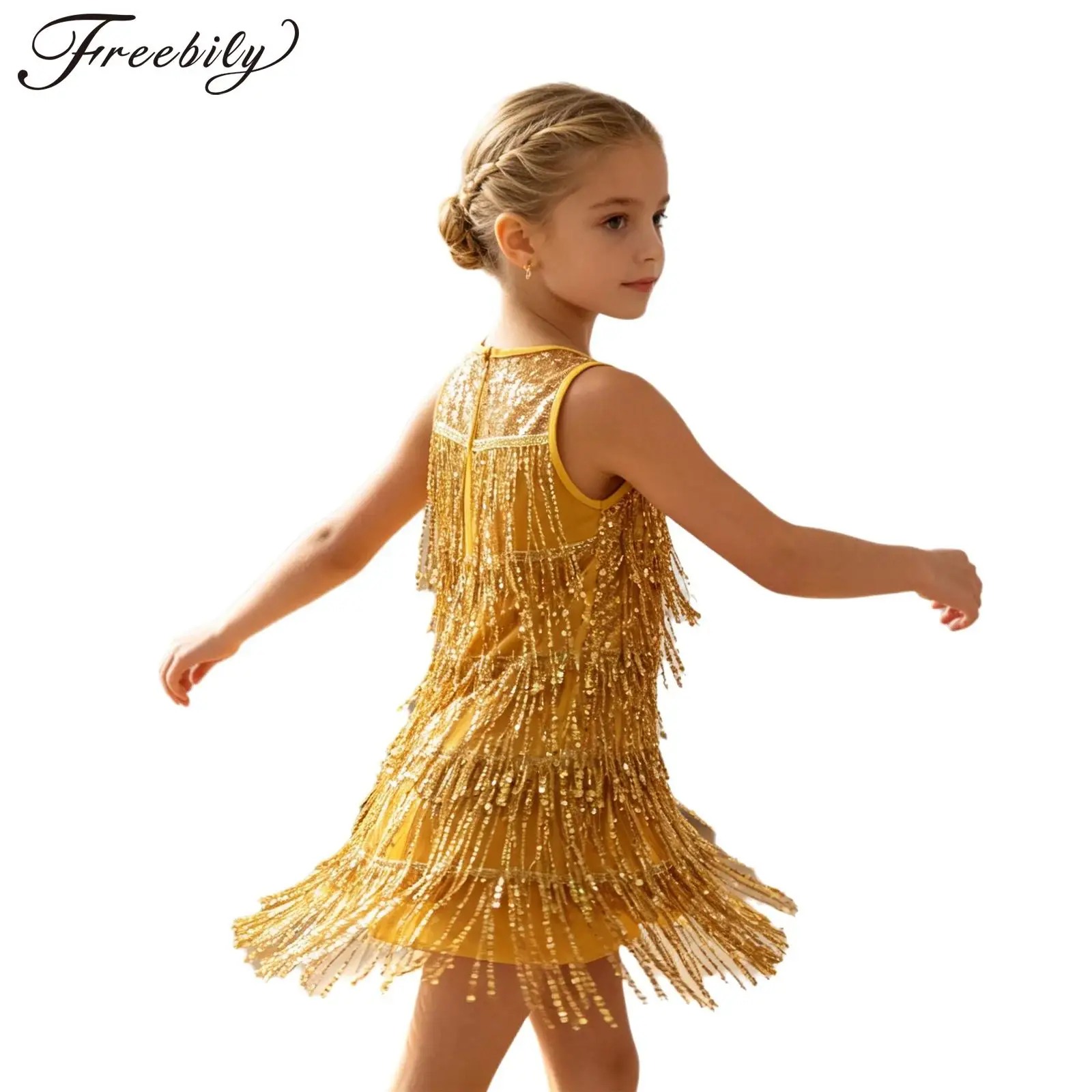 Kinder Mädchen Quasten Latein-Tanzkleid Ärmellos Glänzende Strass-Fransenkleider Ballsaal Chacha Tango Rumba Salsa Tanzkleidung