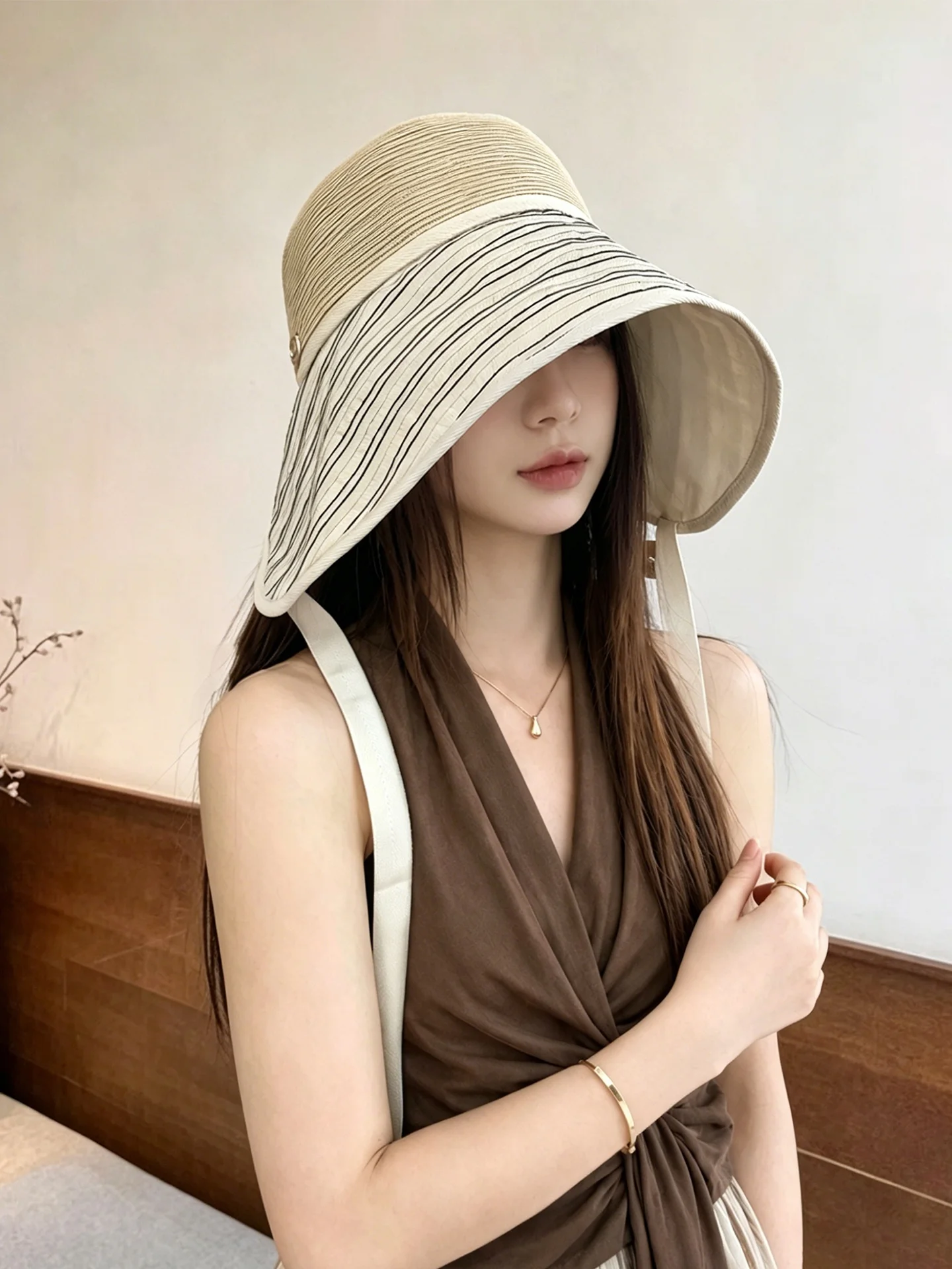 Korean Style Striped Grass Woven Splicing Fisherman Hat Women's Summer Outdoor Large Brim Face Slimming Sun Protection Hat