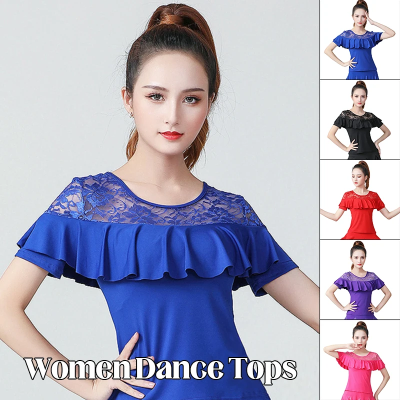 Women Latin Dance Tops Tango Jazz Waltz Ballroom Dancing Shirts Short Sleeve Ruffles T-shirts Dance Practice Performance Costume