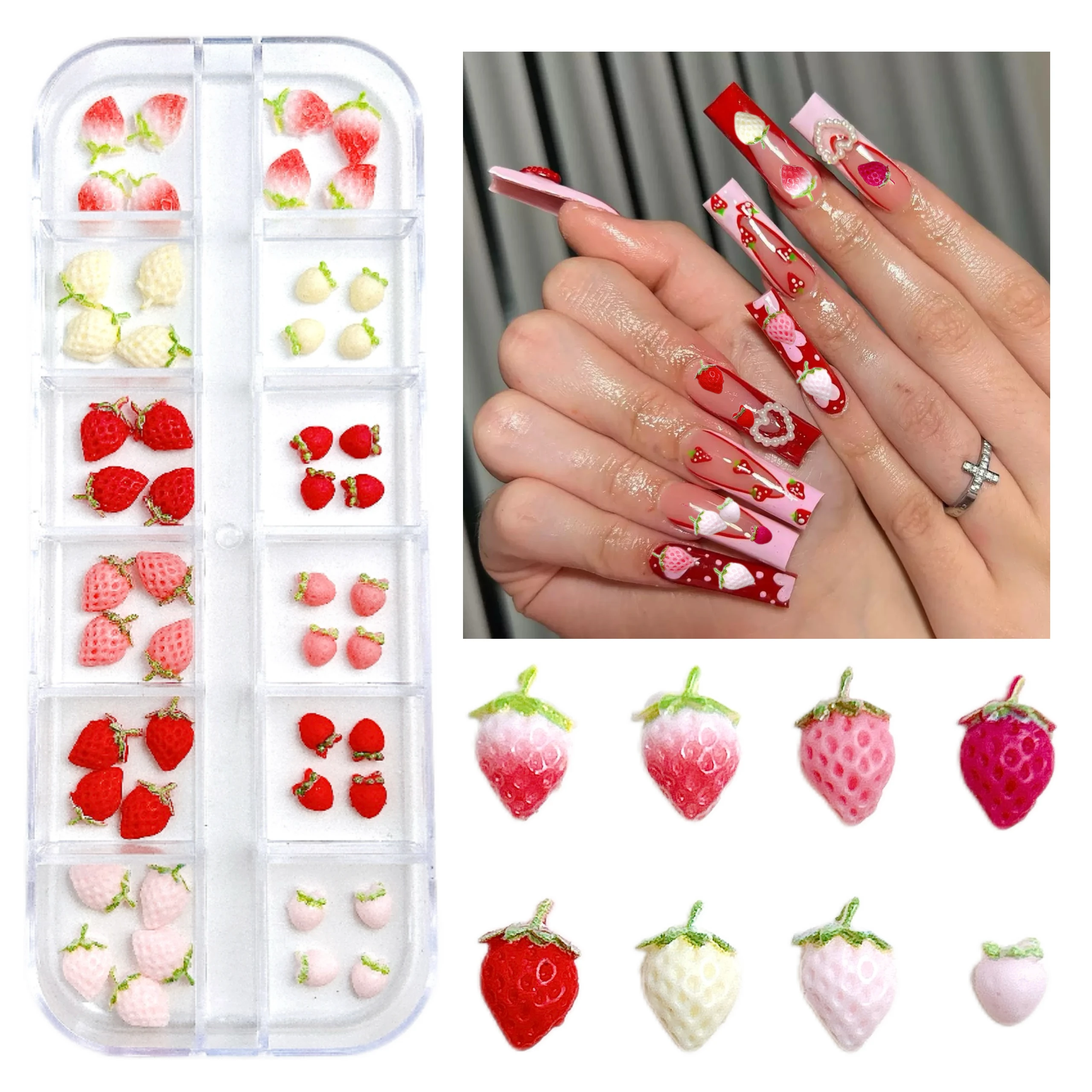 1 caixa 3d multi-cores simulado morango resina decorações da arte do prego criativo realista doce morango encantos do prego diy unhas