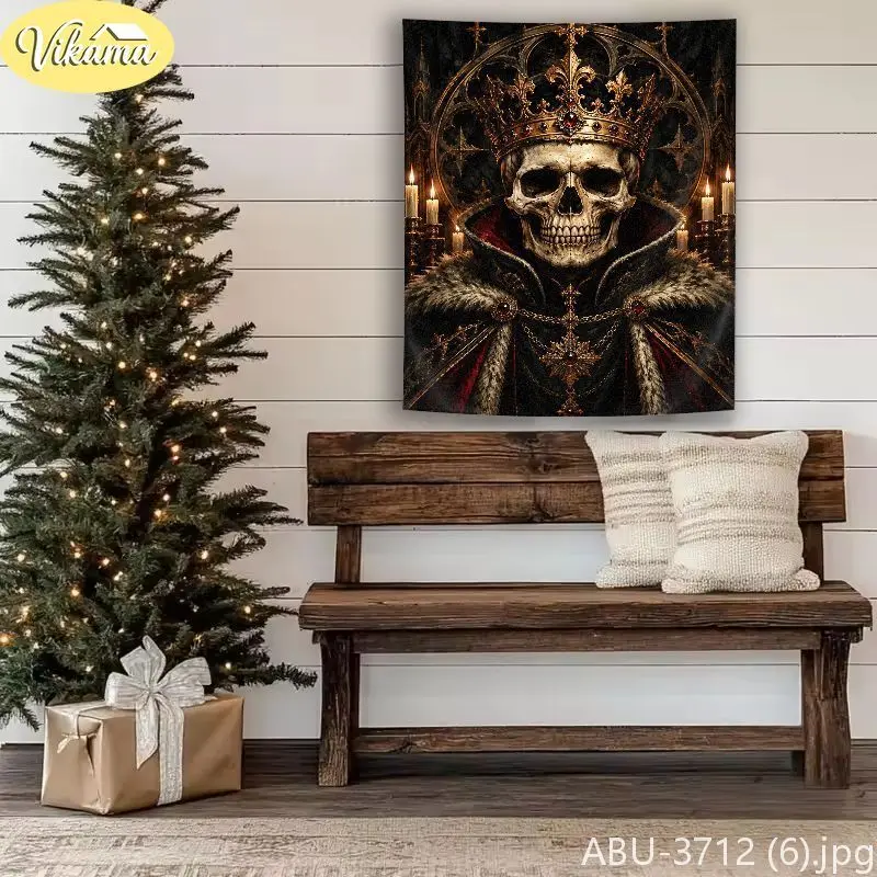 VIKAMA Creepmas Santa Skeleton Trumpet Cathedral Snowfall Wall Tapestry Shadowy Victorian Sonata Lunar Yule Festal Room Home